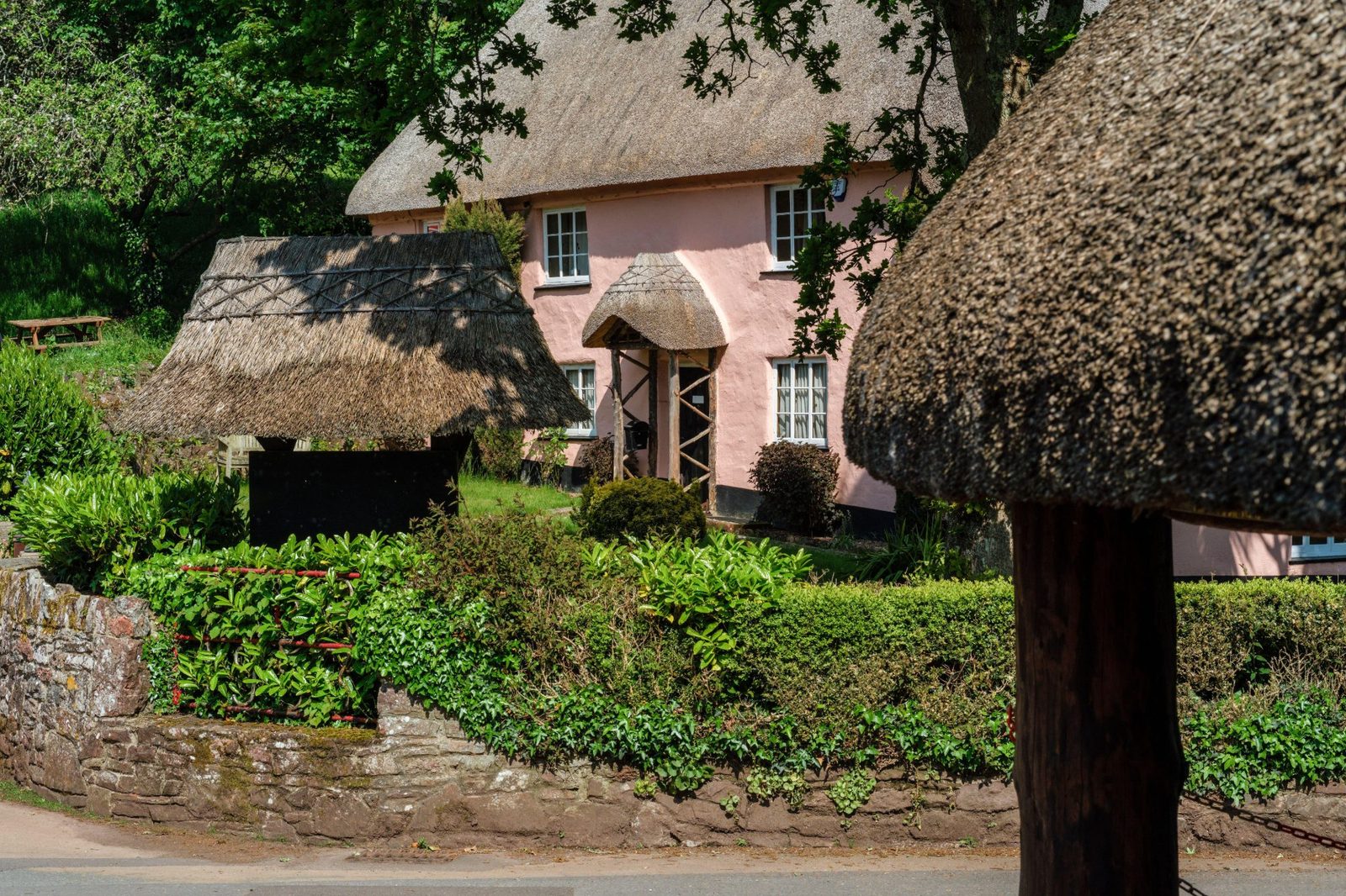 Pink thatched cottage behind clipped hedges and a stone wall